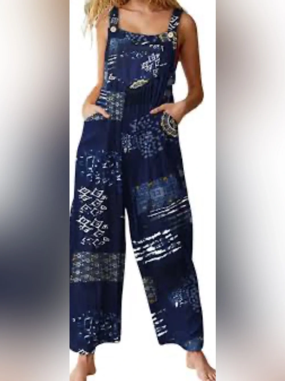 Small shop|Navy Boho Patchwork print Wide-Leg sleeveless Jumpsuit,overall style• - Picture 1 of 13